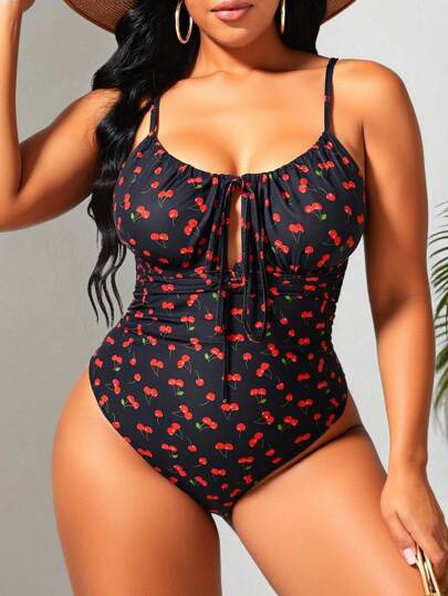 Swim Mod Plus Size Women's Cherry Print Front Tie Camisole One-Piece Swimsuit For Summer Beach Vacation