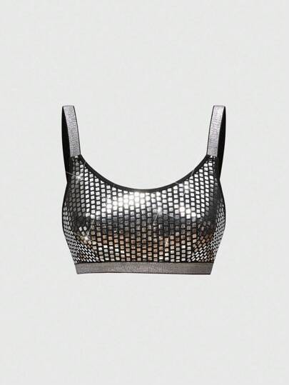 ROMWE Avant Fashionable Sequin & Metallic Thread Decor Wireless Bra, Suitable For Music Festivals, Parties And Celebrations