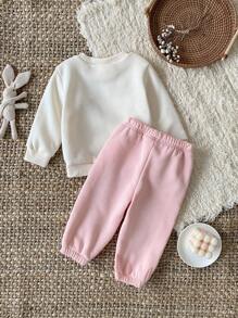 SHEIN 0-3 岁女婴幼儿休闲甜美蝴蝶和兔子印花长袖羊毛衫 + 裤子 2 件套服装套装，春夏 - 粉色 - 查看 2