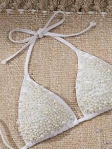 Swim Vcay 2 件套女士泳衣，全新夏季纯色吊带露背串珠性感比基尼套装 - 白色 - 查看 4