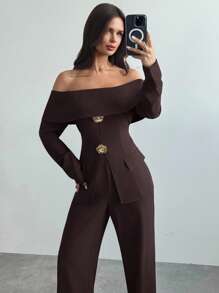 Firerie Women New Autumn And Winter Back Strap Retro Brown One-Shoulder Suit Jacket And Versatile Trousers Suit Two-Piece Suit Sets,Graduation,Teacher Outfits For Women,/Fall Women Clothes/Business Casual Woman/Teacher/Back To School/Old Money/Vintage Clothes Women/Off Shoulder Top And Pants Commuter Suit One Shoulder Suit Office Style Suit  Office Outfits For Women Business Casual Suit