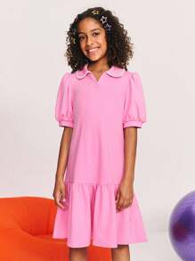 Leap Crew Leap Crew Tween Girl Pink Peter Pan Collar Ruffle Puff Sleeve Dress,Summer Cute Sweet Back-To-School Season,Loose Casual Minimalist Comfortable Drop Waist Dress - Hot Pink - View 1
