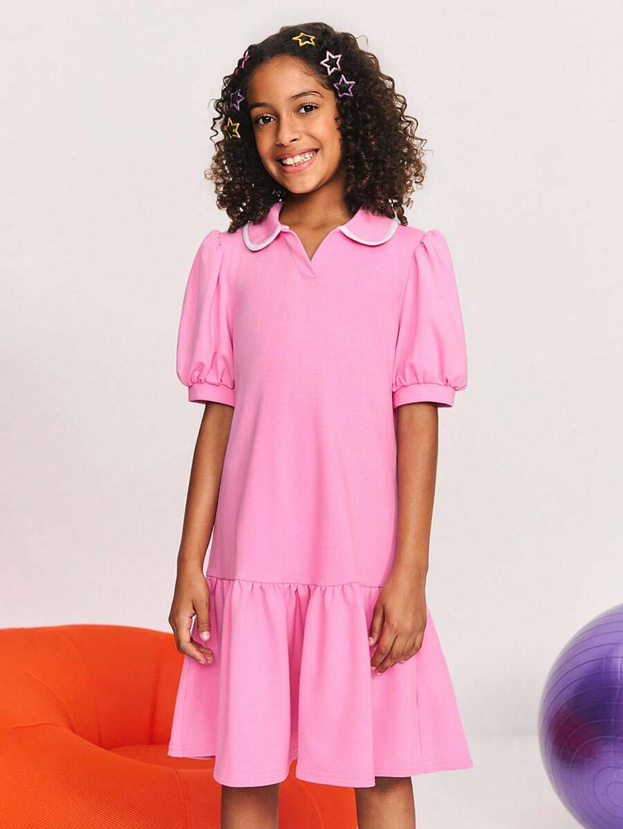 Leap Crew Leap Crew Tween Girl Pink Peter Pan Collar Ruffle Puff Sleeve Dress,Summer Cute Sweet Back-To-School Season,Loose Casual Minimalist Comfortable Drop Waist Dress - Hot Pink - View 1