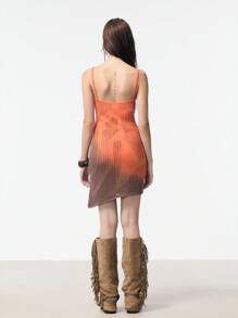 SHEIN Unity 女士休闲渐变色镂空时尚无袖针织连衣裙，夏季 - 橘色 - 查看 2