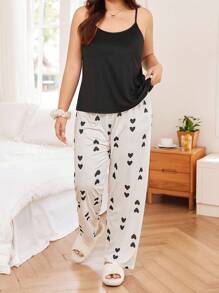 Dream Adore Plus Size Women 3pcs Pajama Set: Heart Print Knitted Cami Top, Pants And Robe, Fall & Winter Clothes, Cozy Outfit - Multicolor - View 5