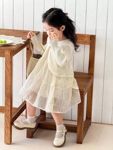 SHEIN Little Byeori 女童休闲3D立体花朵针织开衫，适合秋冬季穿着。 - 白色 - 查看 3