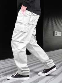 Manfinity Homme 多口袋休闲百搭时尚工装阔腿裤白色工装阔腿裤男士休闲街头宽松韩版阔腿裤，秋季 - 白色 - 查看 4