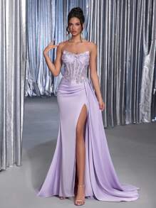 Glamrae Váy dài đuôi cá xẻ tà xẻ ngực bằng vải satin thêu ren và sequin thanh lịch, thủ công, phù hợp cho tiệc tùng, dạ tiệc, dịp trang trọng - Màu tím hoa cà - Xem 3