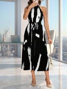 SHEIN Clasi 筆刷圖案腰帶掛脖連衣裙 - 黑色 - 查看 4