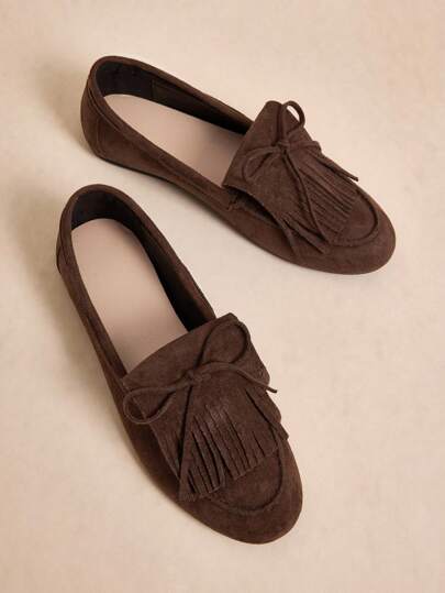 Rosivie Mocasines planos de moda con diseño de lazo, borlas decorativas y mocasín para mujer