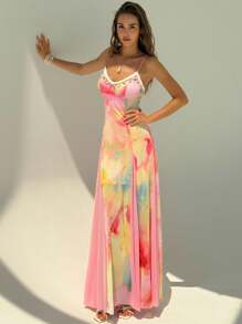 Aloruh New Romantic Vacation Boho Floral Mesh Print Patchwork Shell Ribbon Waist Maxi A-Line Long Dress - Pink - View 8