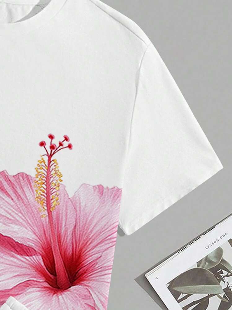 Manfinity Homme Men's Fashionable Floral Print T-Shirt & Shorts Set, Summer Vibe, Suitable For Outings, Couple Matching, Cozy Outfits - White - View 6
