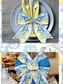 2 Rolls Lemon Wired Edge 2.5inch Yards Blue Tile Lemon Fabric Craft Ribbon For Spring Summer Shower Birthday Gift Wrapping Wreath Bow DIY Crafts