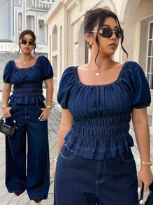 SHEIN ICON Plus Size Women Ruched Square Neckline Short Puff Sleeve Fashionable Blouse