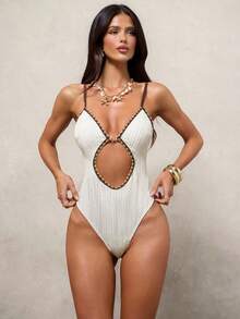 Swim Glamine Women's Boho Zigzag Colorblock Starfish One-Piece Swimsuit, Hollow Out Beach Casual Elegant
