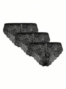 SHEIN 3pack Floral Lace Panty Set Lingerie - Black - View 8