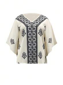 INAWLY Plus Size Casual Vacation Vintage Batwing Sleeve Printed Shirt - Apricot - View 3