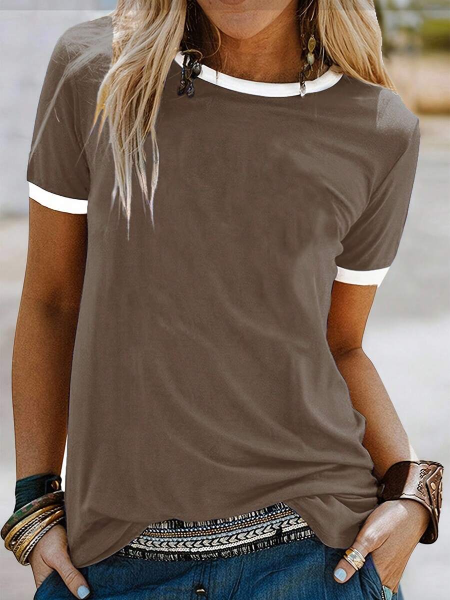 EMERY ROSE 女式夏季下摆圆领短袖休闲T恤图案T恤女式上衣