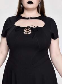 ROMWE Robe d'été pour femmes grandes tailles, col chauve-souris gothique, ourlet asymétrique ajouré - Noir - Voir 7