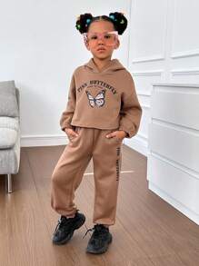 SHEIN Toddler Girls Slogan & Butterfly Print Drop Shoulder Hoodie & Joggers - Brown - View 3