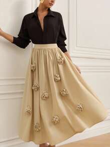 Aveloria 法式复古松紧腰3D花卉装饰A字中长裙 - 卡其色 - 查看 4