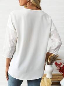 Silhoulove Women's Elegant Vacation Lace Patchwork V-Neck Embroidery Loose Casual Shirt - White - View 2