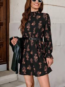 SHEIN Clasi 花卉印花波浪袖裙子(不帶腰帶)