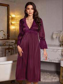 LuxeNights Lace Patchwork Deep V-Neck Sexy Waist Women's Silk-Like Nightgown Babydoll Luxe Loungewear Cozy And Elegant Details, Fall & Winter - Maroon - View 5