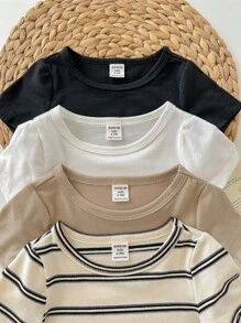 4pcs/Set Cute Baby Boy & Baby Girl Casual Versatile Knit Stretchy Striped Long Sleeve Tops, Suitable For Indoor & Outdoor, Spring/Summer
