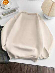 SHEIN 可爱花朵装饰女士常规版型圆领长袖运动衫，秋冬毕业、返校、毕业、女士教师、返校套头衫秋季 - 杏色 - 查看 2