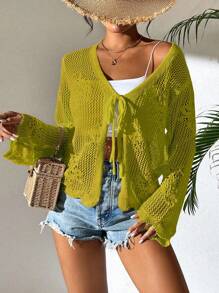 Breezaya Áo khoác cardigan dệt kim nhẹ tay chuông đơn sắc thường ngày cho nữ - màu xanh lá - Xem 6