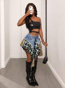 BamGleam Asymmetrical Patchwork Denim Skirt, American Style Fashion Versatile A-Line Low Waist Skirt, Summer New Arrival