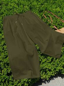 Comfortcana Olive Green Casual Loose Wide Leg Drawstring Pants For Plus Size Women,Fall Clothes For Women - Army Green - View 4