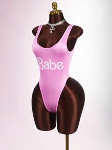 Amplova Glossy Material Sexy Low-Cut Women's  Pink Bodysuit - Pink - View 9