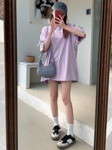 DAZY 女士丝带装饰蝴蝶结刺绣宽松短袖T恤超大T恤 - 紫色 - 查看 6