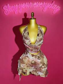 Slaydiva Spring And Summer Fashion Casual Sexy Sway Collar Sleeveless Cropped Vest Top + Asymmetrical Hem Ruffled Mini Skirt Ultra-Short Skirt Yoga Full Pink Upgraded Fruit Green Bottom Print Printed Ladies Two-P