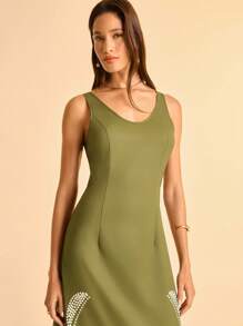 CAJUNI Váy không tay in hoa đính đá màu xanh lá cây dành cho nữ - màu xanh lá - Xem 5