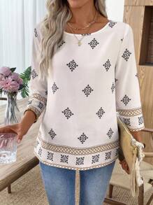 EMERY ROSE Áo sơ mi nữ cổ tròn tay 3/4 họa tiết hoa thường ngày - Màu Khaki - Xem 4