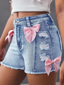 SHEIN Pantaloni scurți din denim cu model casual, stil stradă, în culori contrastante, cu funde, model uzat și margini brute, pentru fete preadolescente
