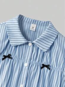 Ontre Tween Girl Striped Petal Sleeve Blouse And Mini Skirt 2 Pieces Set,Black And White,Summer,Cute,School,Back-To-School Teenager Girls Shirt With Bows - Blue - View 5