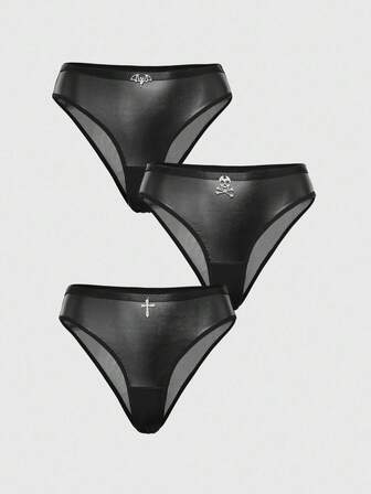 Grunge Punk Lot de 3 culottes gothiques punk en tissu PU avec décoration tête de mort, croix, araignée