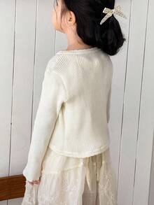 SHEIN Little Byeori 女童休闲3D立体花朵针织开衫，适合秋冬季穿着。 - 白色 - 查看 6