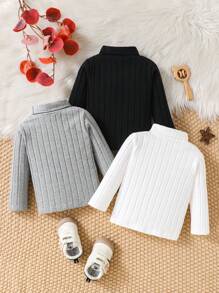 SHEIN 3件套幼儿立领罗纹长袖上衣，黑色、白色、灰色，适合春秋季休闲装、外出、旅行、聚会 - 彩色 - 查看 2
