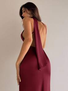 Aloruh 女式性感优雅长款缎带露背修身缎面连衣裙 - 酒紅色 - 查看 3