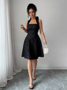 Elenzga 优雅法式镂空束腰蝴蝶结装饰短款连衣裙