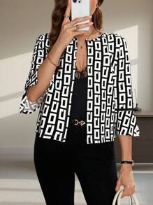 SHEIN Clasi Veste pour femme à manches ouvertes imprimée géométrique noir et blanc