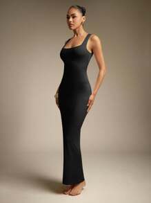 Hauture Vestido largo de cuello cuadrado con doble capa, elástico y cuello de punto, y espalda baja para mujer