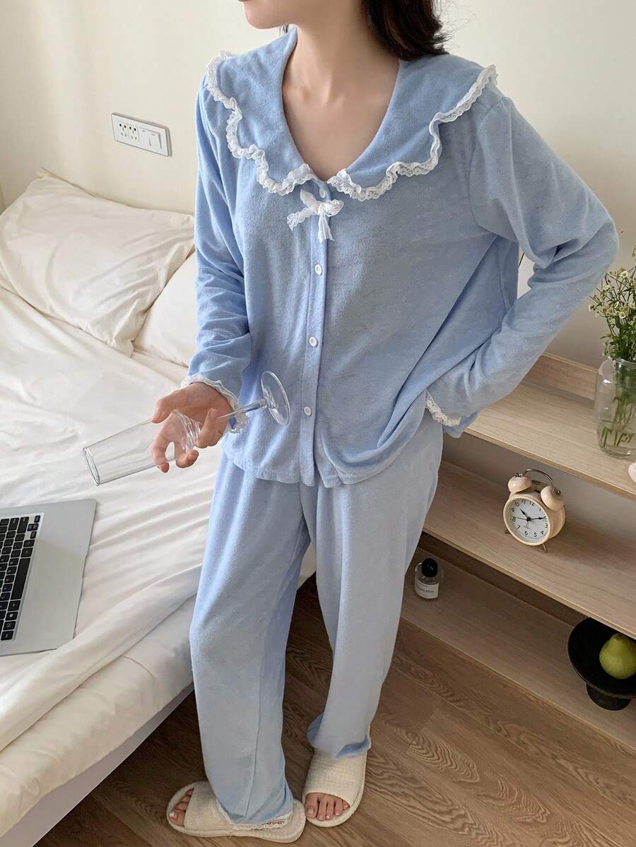 青少年女孩淺藍色純色寬鬆蕾絲飾邊蝴蝶結長袖上衣與長褲睡衣套裝,柔軟睡衣,秋季,仙女風,家庭套裝 - 淺藍色 - 查看 1