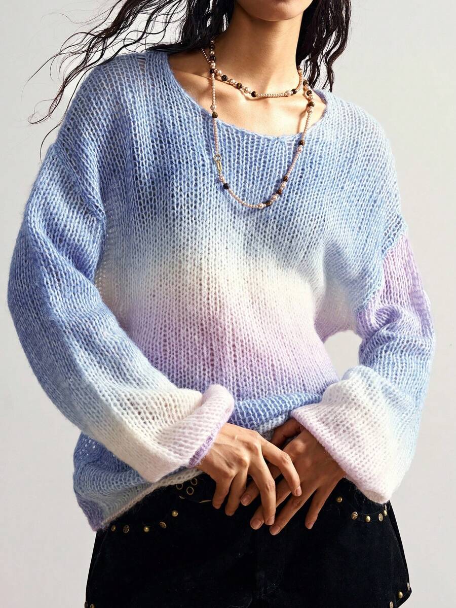 Bohemela 女式渐变色圆领落肩长袖休闲宽松毛衣秋冬款 - 彩色 - 查看 1
