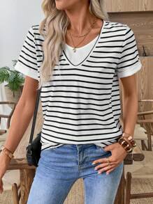 EMERY ROSE Conjunto Casual Feminino Multicolorido de Duas Peças, Camiseta Listrada de Manga Curta 2 em 1, Roupas Femininas de Outono, Roupas de Outono e Inverno para Mulheres, Volta às Aulas, Casual Empresarial, Básico, Saída, Camiseta de Professor - Multicolorido - Visão 6